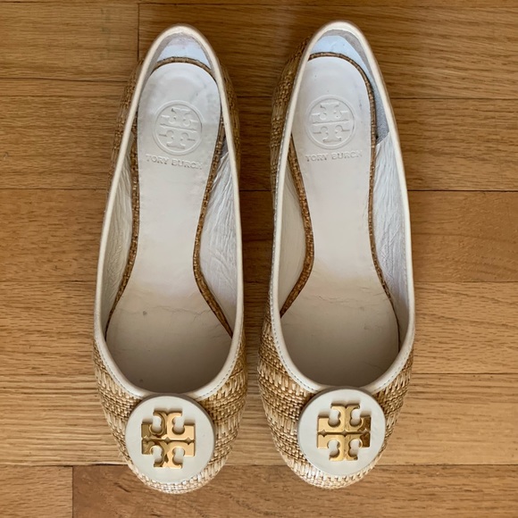 Tory Burch Shoes - Tory Burch - White and Tan Logo Flats